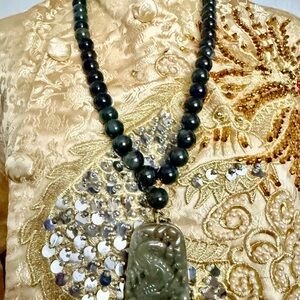 Green Jade Bead Necklace with Carved Pendant - Elegant Men's Jewelry